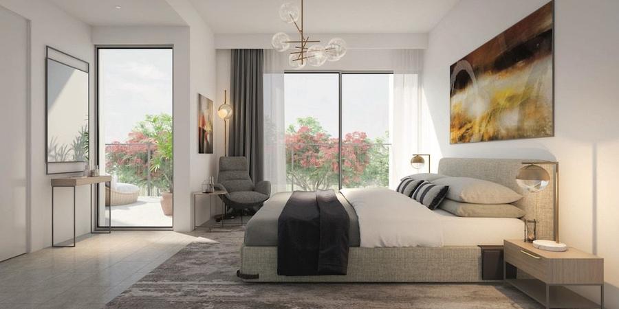 A townhouse bedroom interior opening onto a terrace, Dubai (representative townhouse interior)