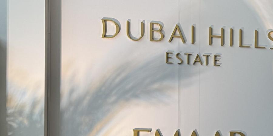 The Emaar Dubai Hills Estate sign at the sales centre, with palm shadows