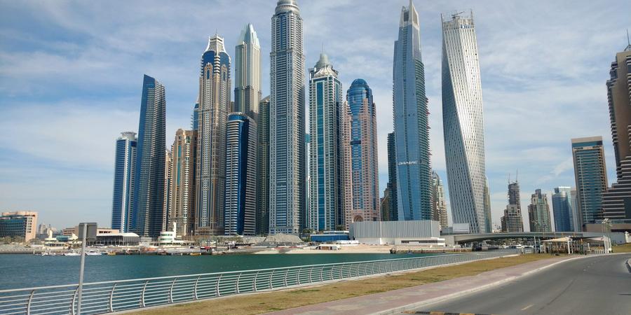 Dubai Marina towers seen from the waterfront