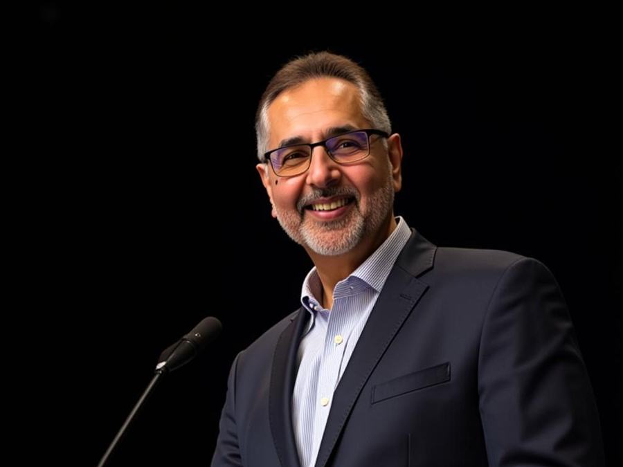 Dr Deepak Songra speaking at a podium in Dubai